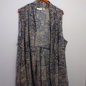 Susan Graver Sleeveless Kimono Cardigan Sheer 2X Blue Geometric Print Flowy Boho